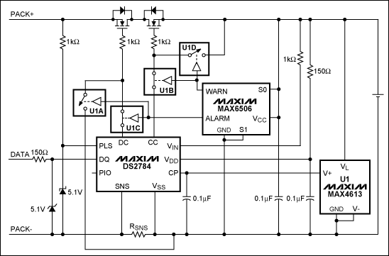 圖1. 在DS2784應(yīng)用電路中加入MAX6506和MAX4613實(shí)現(xiàn)可編程的熱保護(hù)(開(kāi)關(guān)U1A-U1D表示MAX4613內(nèi)的4個(gè)開(kāi)關(guān))。