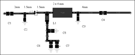 圖4. 2mm x 4mm短截線的布線圖(0.4mm引線電阻為50Ω，微帶線的長度標在圖上)