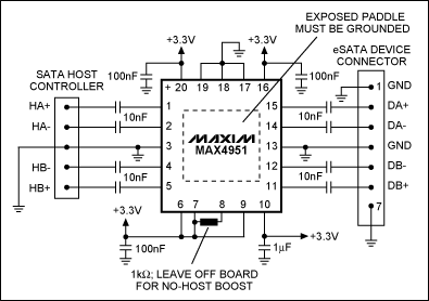 圖5. 筆記本電腦/臺(tái)式計(jì)算機(jī)設(shè)計(jì)采用了MAX4951將SATA信號(hào)提升到eSATA電平