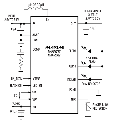 MAX8834、MAX8834Y、MAX8834Z：典型工作電路