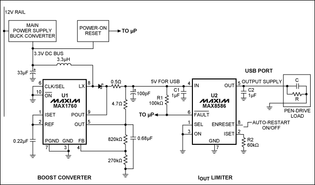 圖1。同時為5V的USB端口，該電路也限制在插入時刻峰值浪涌電流（在USB接口），并限制在500mA的工作電流所需要的端口。