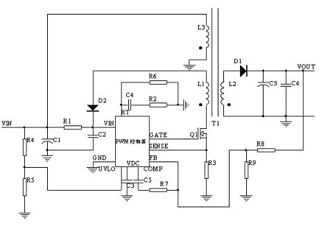 PWM controller + MOSFET實現(xiàn)FLYBACK 示意圖