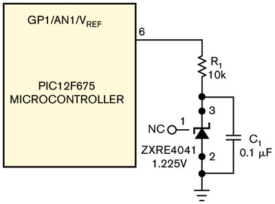 圖1一個(gè)電壓基準(zhǔn)與一只電容為微控制器提供一個(gè)基準(zhǔn)電壓