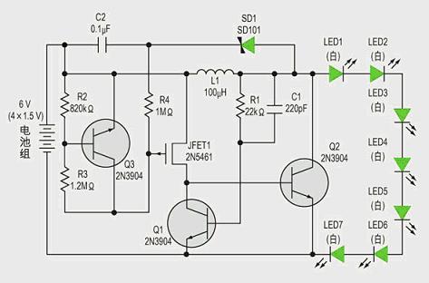 用電池組驅(qū)動七個白光LED的電路