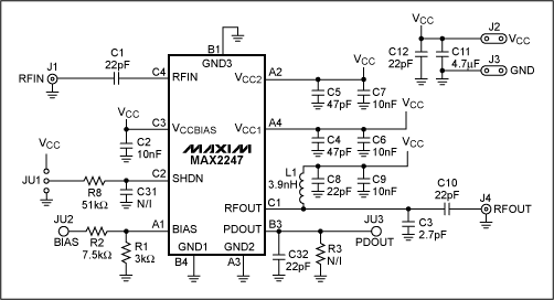 圖1. MAX2247的原理圖，為802.11g優(yōu)化