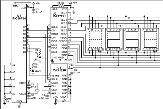 Figure 1. With an assembly-language routine and the free assembler, this circuit allows an 8-bit μC to implement a 12-bit digital thermometer. 