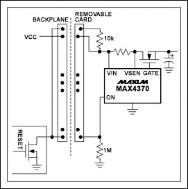 Figure 2a and 2b. To insure properly seated pc cards on the backplane's card side (a) or host side (b), this IC (MAX4370) routes current through the outer pins of the card connector.