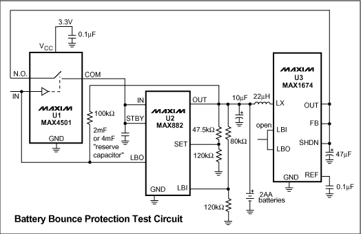 Figure 1. This circuit removes discontinuities in power by backing up the battery (two AA cells) with charge on a reserve capacitor.