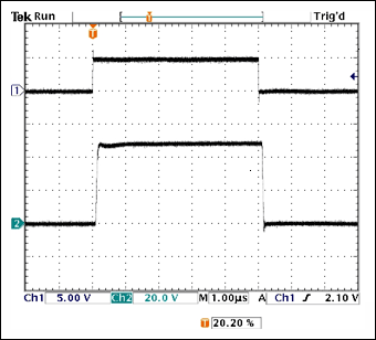 圖3. 圖1測(cè)試結(jié)果，(1) 控制信號(hào)，(2) 在0.25Ω電阻兩端測(cè)試的5μs脈沖，電源電壓為50V。