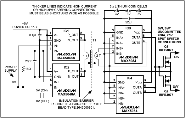 圖1. 該電路利用5V邏輯信號(hào)控制獨(dú)立的(隔離)功率開(kāi)關(guān)Q1-Q2，能夠處理200A、75V的脈沖信號(hào)。