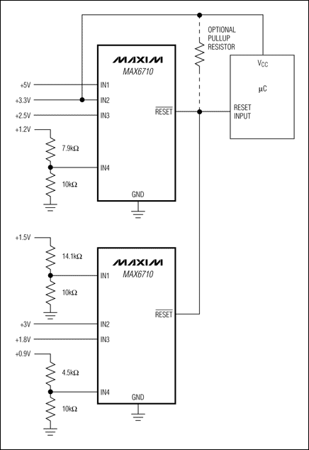 圖1. 利用兩片漏極開路輸出的多電壓監(jiān)控器監(jiān)控8路電壓，提供單個復(fù)位輸出。