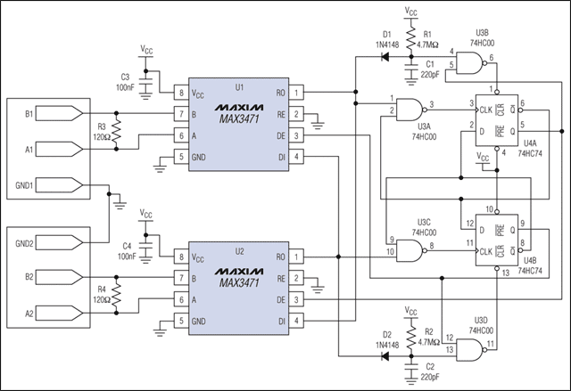 圖1. 待機(jī)電流只有3μA的RS-422中繼器。