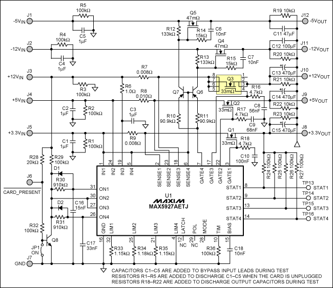 圖1. 5通道熱插拔電路控制3路正電源和2路負(fù)電源