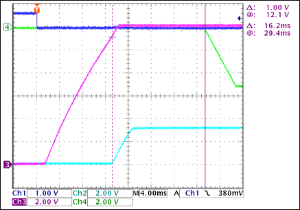 圖3. +3.3V至-5V接通延時(shí)，沒(méi)有負(fù)載Ch1 = Q8BASE, Ch2 = +3.3VOUT, Ch3 = +12VOUT, Ch4 = -5VOUT注釋：+3.3VOUT和-5VOUT之間有16.2ms延時(shí)。