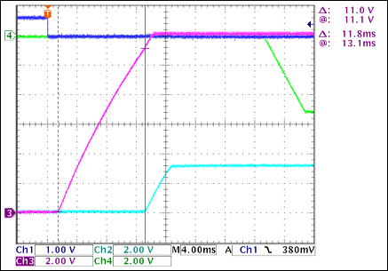 圖2. +12V至+3.3V接通延時(shí)，沒(méi)有負(fù)載Ch1 = Q8BASE(CARD_PRESENT), Ch2 = +3.3VOUT, Ch3 = +12VOUT, Ch4 = -5VOUT注釋：+12VOUT和+3.3VOUT之間有11.8ms延時(shí)。