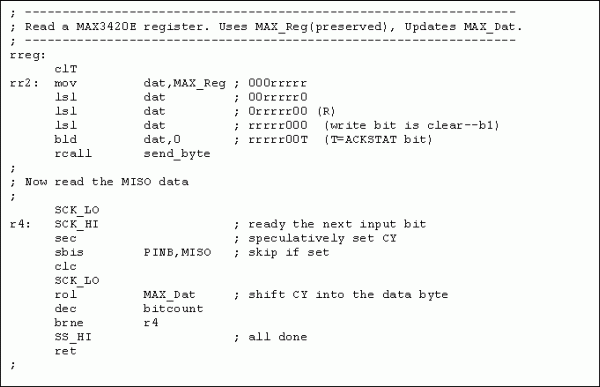 圖9. AtTiny13對(duì)MAX3420E寄存器進(jìn)行讀操作的匯編程序。在此可以調(diào)整SPI接口的時(shí)序以提高光耦的性價(jià)比。