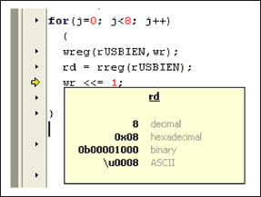 圖10. 采用MAXQ2000微控制器的Rowley CrossStudio開發(fā)工具，單步執(zhí)行，檢查變量值。將光標(biāo)指向“rd”，其數(shù)值會(huì)彈出。