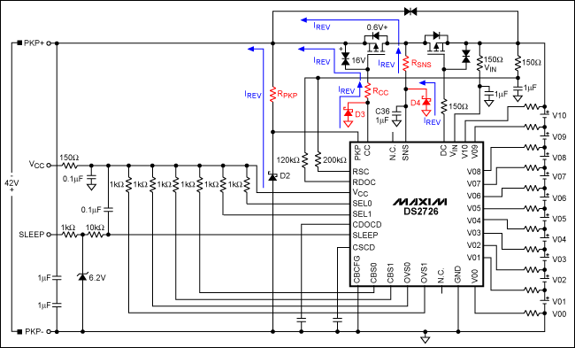 圖1. 對(duì)DS2726典型應(yīng)用電路進(jìn)行修改，使其在充電器反接時(shí)免于損壞。