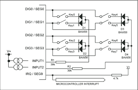 圖1. MAX6959 LED顯示驅(qū)動器的標準8鍵連接