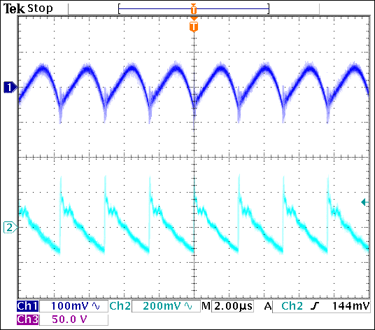 Figure 4. Input ripple (Channel 1) and output ripple (Channel 2) at VIN = 3.3V with an APD current of 4mA.