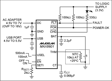 圖5. MAX8601鋰離子電池單機充電器的典型應(yīng)用電路圖