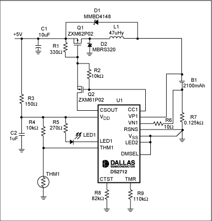 圖7. USB端口對單節(jié)NiMH電池快速充電的原理圖。