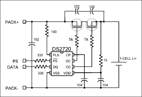 圖7. DS2720鋰電池保護IC的典型應(yīng)用電路