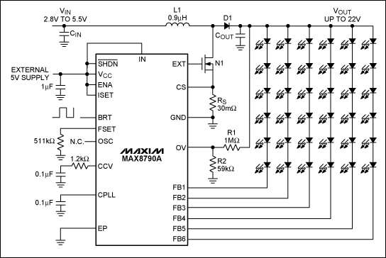 Figure 13. MAX8790A inductor boost converter drives up to six parallel chains of LEDs.