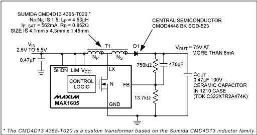 Figure 6. This circuit, whose layout is shown in Figure 2, is used to produce 75V from 2.5V.