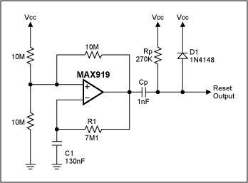 Figure 1. This reset circuit consumes less than 1μA and delivers a 100-μsec-wide reset pulse every 1.3 sec.