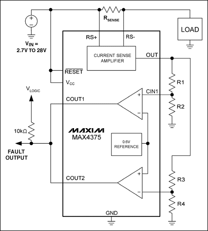 圖2b. 電流窗檢測電路(包括R1-R4，比較器和基準(zhǔn)源)，檢測開路/短路故障。