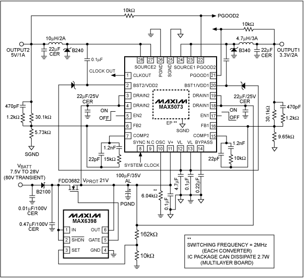 圖 6. MAX5073 2MHz buck轉(zhuǎn)換器配合MAX6398保護開關的典型電路，該設計具有高性能以及較高的抗干擾能力。