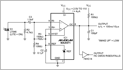 Figure 1. This low-quiescent-current circuit (4μA maximum) interrupts the host processor when it detects an IR signal.