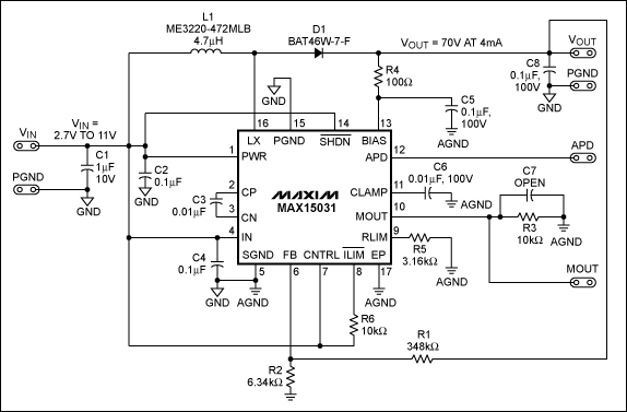 圖1. MAX15031升壓轉換器原理圖，F(xiàn)SW = 400kHz (固定)。