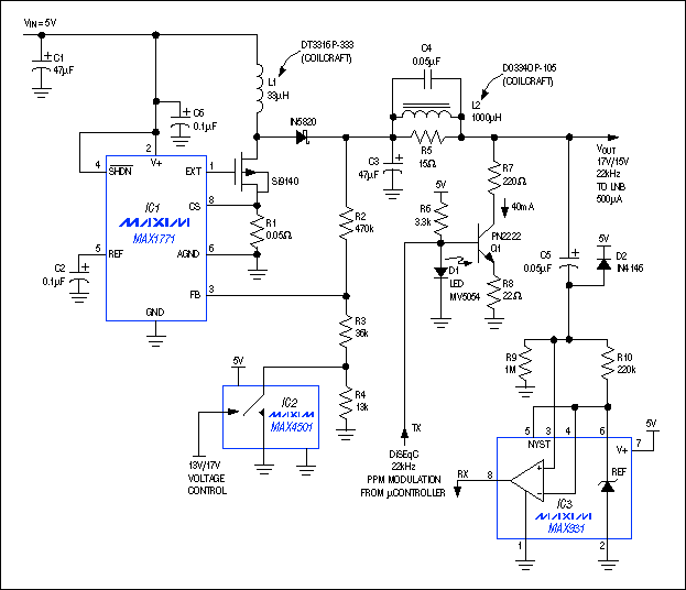 圖1. 本電路設(shè)計用于衛(wèi)星接收器的低噪聲單元，這種DiSEqC兼容的電源通過在13V和17V之間切換供電電壓來實現(xiàn)數(shù)據(jù)通信。