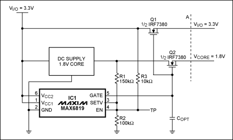 Figure 2. A voltage sequencer (the MAX6819) forces the core and I/O voltages to track by controlling the n-channel MOSFETs simultaneously.