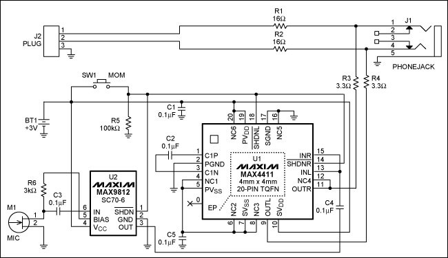 圖1. 該耳機(jī)衰減器/放大器具有麥克風(fēng)監(jiān)測(cè)功能，能夠在戴耳機(jī)的時(shí)候方便對(duì)話。