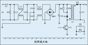 圖2：進(jìn)行過(guò)電磁兼容設(shè)計(jì)后的反激式開(kāi)關(guān)電源電氣原理圖。