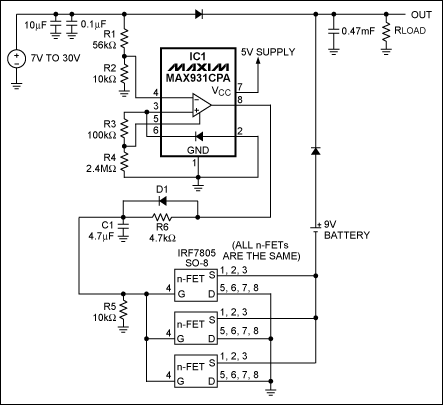 圖1. IC1 MAX931比較器用于監(jiān)測(cè)主電源電壓。當(dāng)主電源電壓下降到7.4V以下時(shí)，它可以通過(guò)將電池負(fù)端接地接通備用電池。