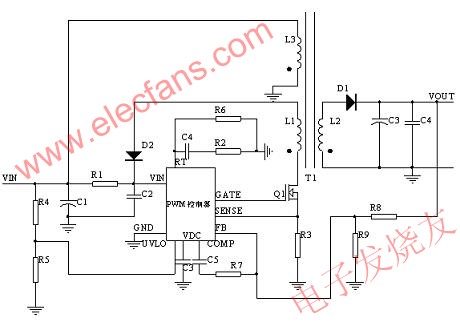 PWM controller + MOSFET實現(xiàn)FLYBACK 示意圖 wenjunhu.com