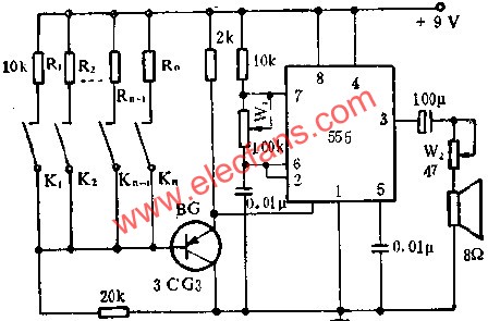 時(shí)基集成電路組成簡(jiǎn)易電子琴線路圖 wenjunhu.com