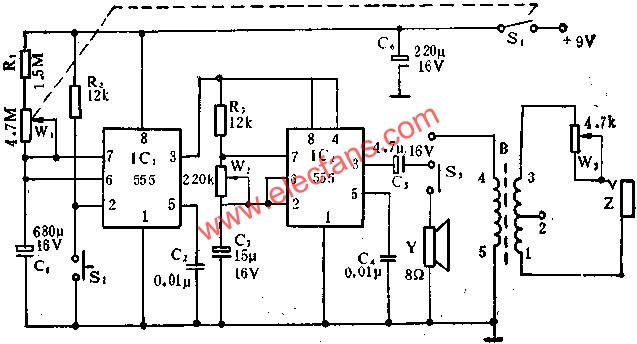 555電路組成袖珍電子定時催眠按摩器電路圖  wenjunhu.com