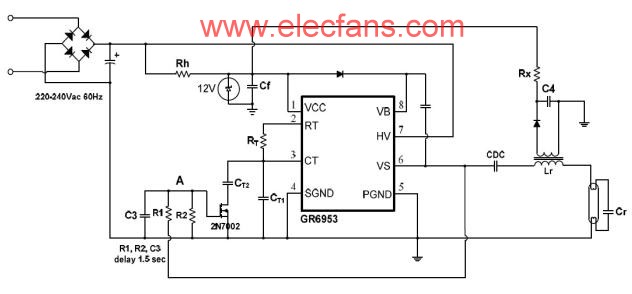 用GR6953制作的預(yù)熱及無(wú)燈電子鎮(zhèn)流器電路圖 wenjunhu.com