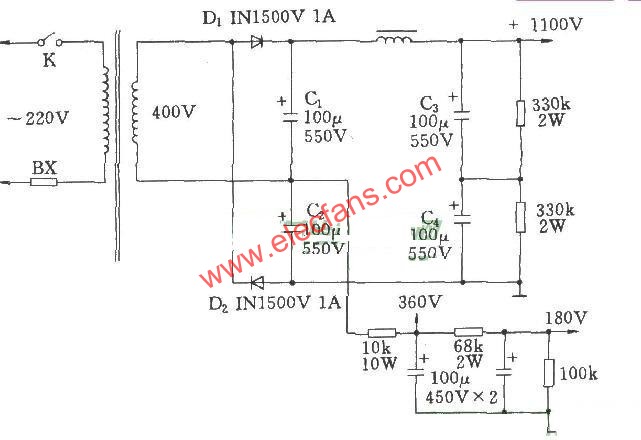 電子管功放的高壓倍壓電路圖  wenjunhu.com