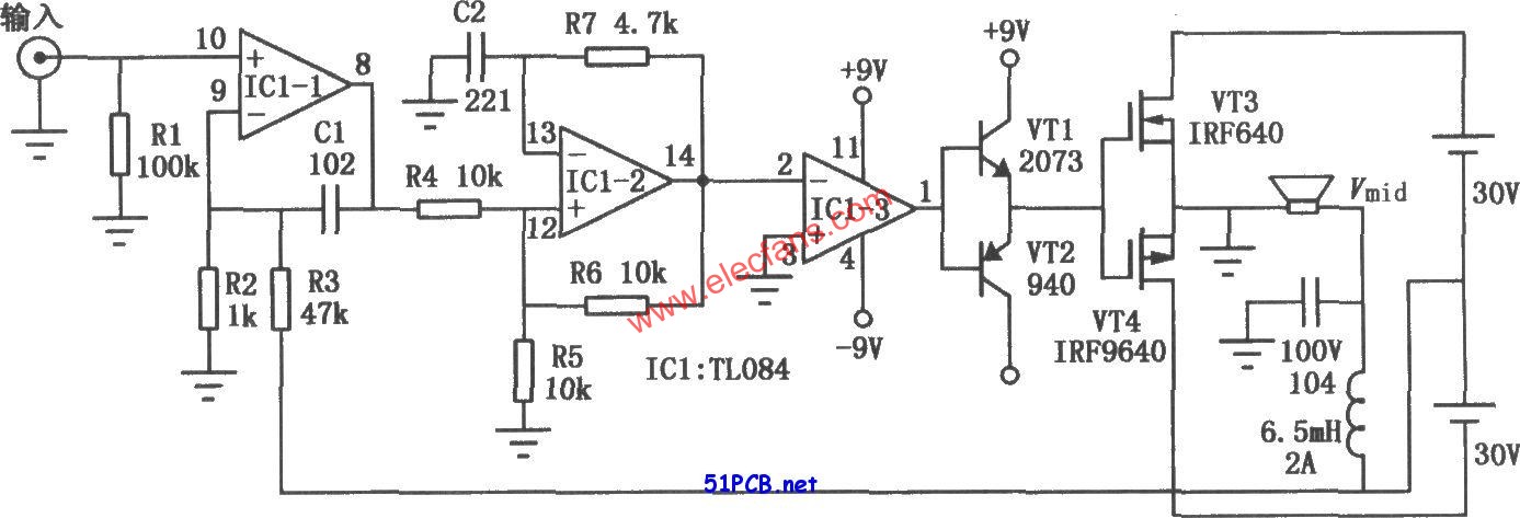 實(shí)用數(shù)字功放(TL084)電路圖  www.wenjunhu.com