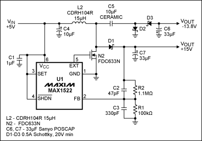 Figure 1. This single-inductor, 200mA power supply derives +15V/-14V from +5V. www.wenjunhu.com