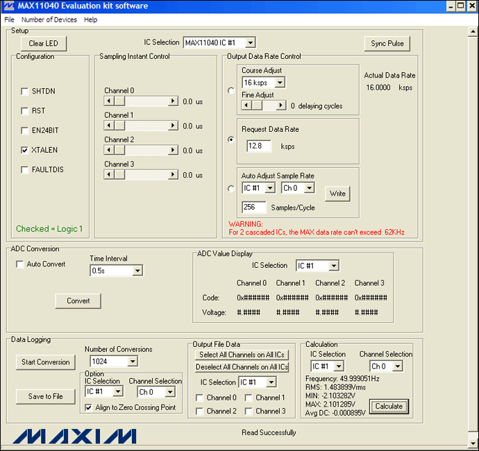 圖4. MAX11040EVKIT GUI允許用戶(hù)方便地設(shè)置各種測(cè)量條件：12.8ksps、256采樣點(diǎn)/周期和1024次轉(zhuǎn)換。此外，GUI的計(jì)算部分提供了一個(gè)進(jìn)行快速工程運(yùn)算的便捷工具。