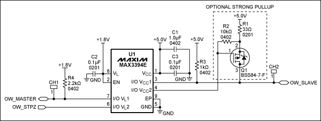 圖1. 1-Wire雙向電平(1.8V至5V)轉(zhuǎn)換器電路原理圖，注意，引腳I/O VL和I/O VCC具有10kΩ內(nèi)部上拉。