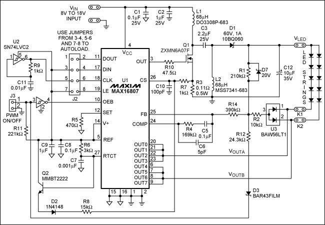 圖2. 采用MAX16807 SEPIC LED驅(qū)動(dòng)器的圖1電路原理圖(VIN = 8V至18V，VLED = 22V [自適應(yīng)]，ILED = 150mA/串)。