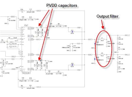 TAS5261 參考設(shè)計的 PVDD 電容及輸出 LC 濾波器等組件